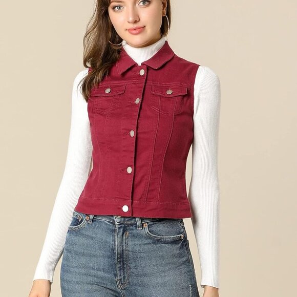 Women's Buttoned Washed Denim Vest Jacket W Chest Flap Pockets - Picture 3 of 5